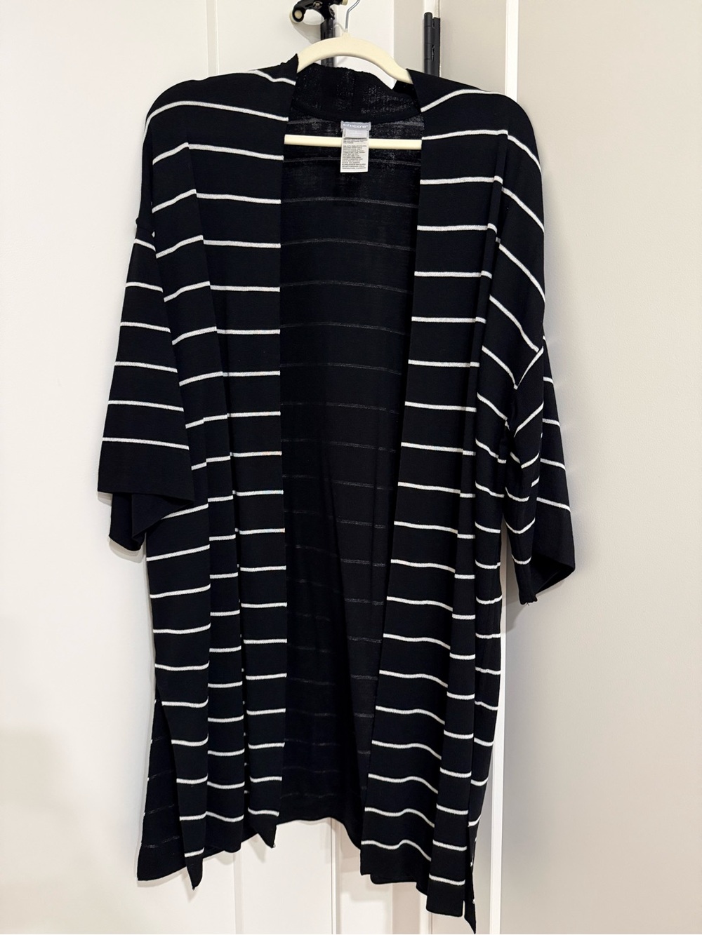 Chico’s Black & White Striped Open Front Cardigan